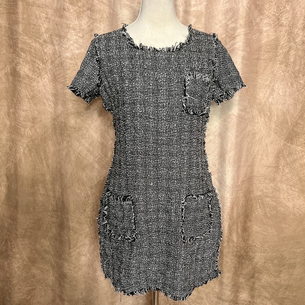 Romeo & Juliet Couture Tweed Tapestry Shift Dress Black White Metallic Euro Y2K
